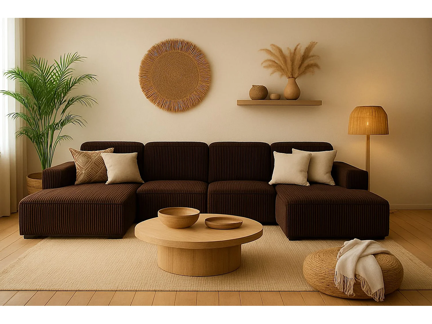 Canapé d'angle en U Cursal, tissu Poso, marron