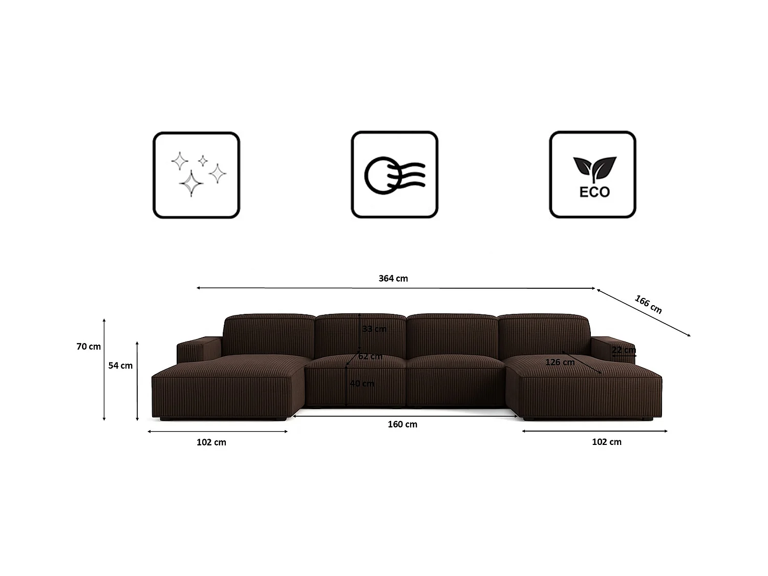 Canapé d'angle en U Cursal, tissu Poso, marron