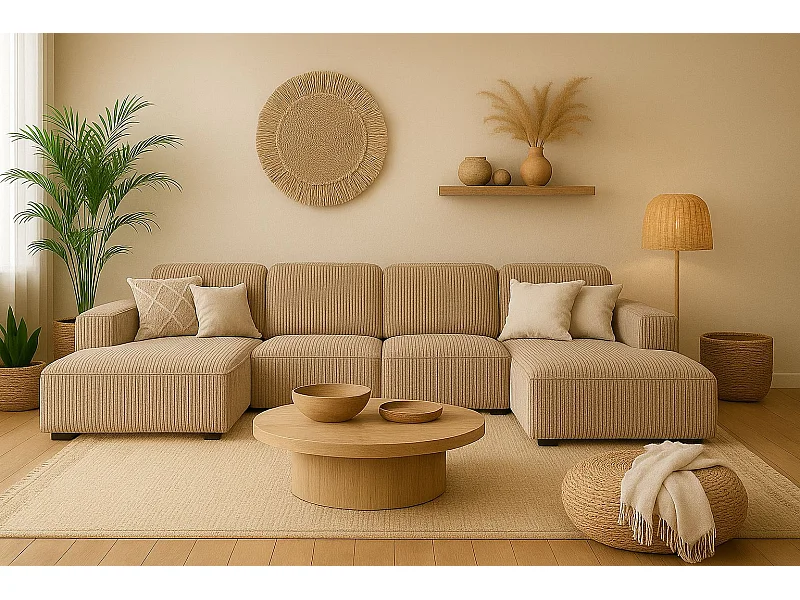 Canapé d'angle en U Cursal, tissu Poso, beige foncé