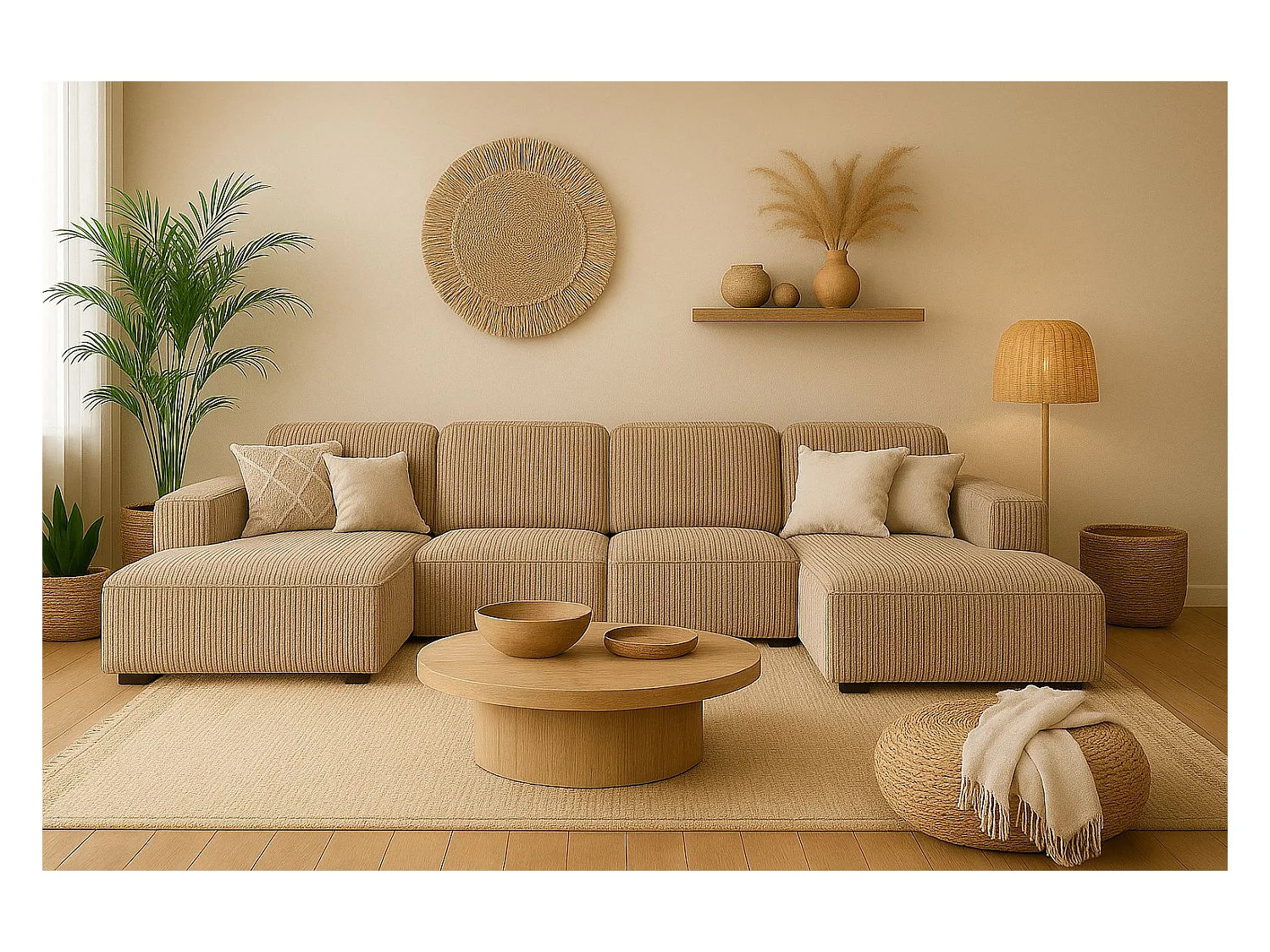 Canapé d'angle en U Cursal, tissu Poso, beige foncé