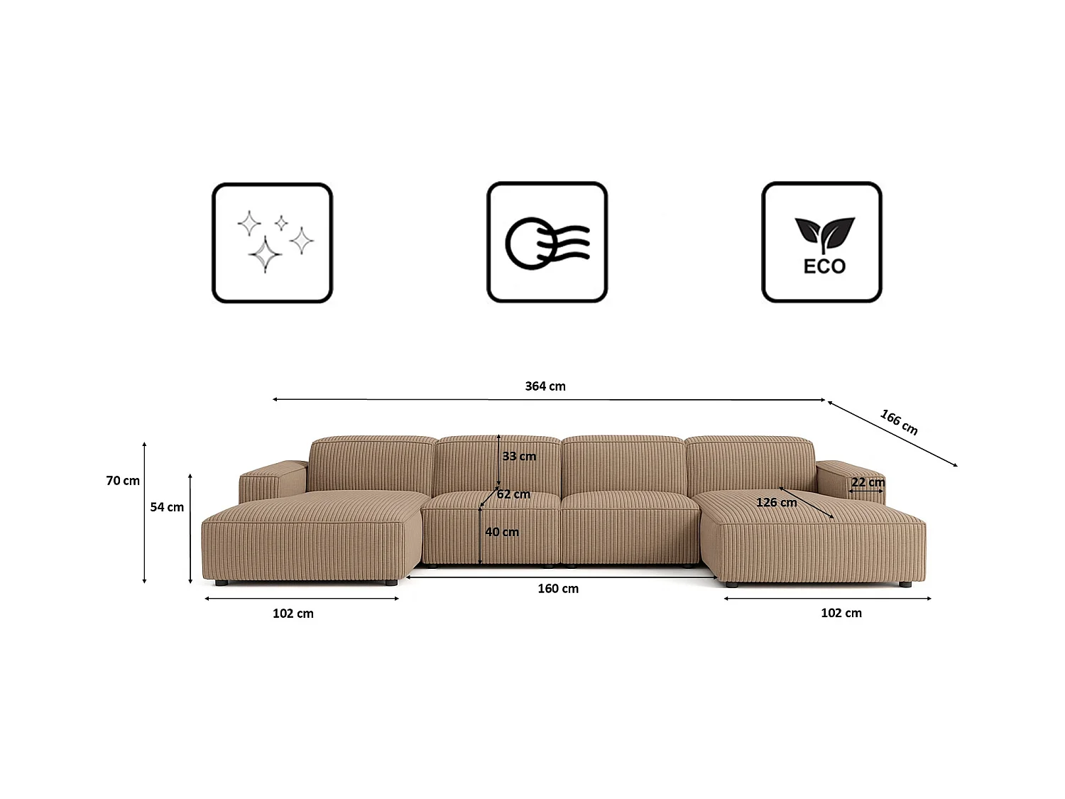 Canapé d'angle en U Cursal, tissu Poso, beige foncé