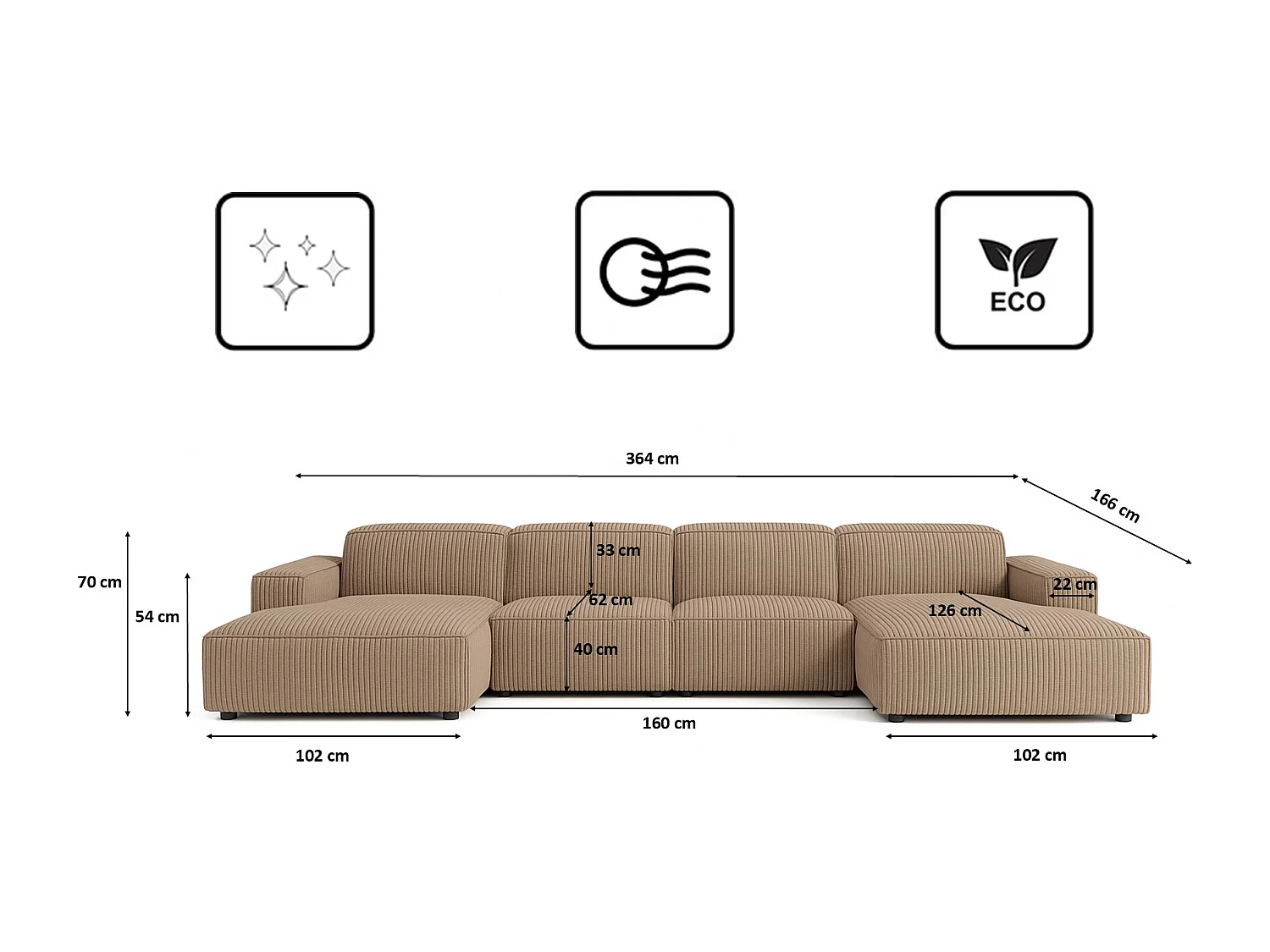 Canapé d'angle en U Cursal, tissu Poso, beige foncé