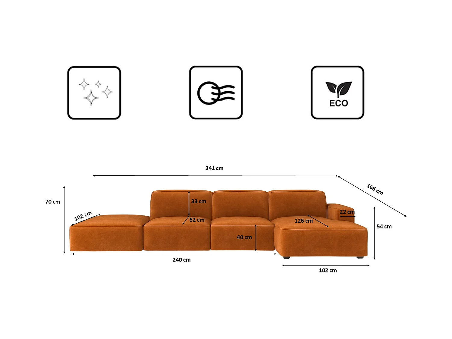 Canapé d'angle en L + tabouret Cursal, tissu Salvador, marron, droit