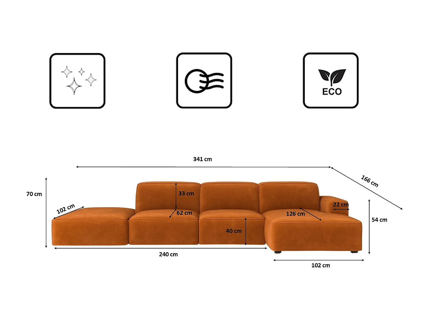 Canapé d'angle en L + tabouret Cursal, tissu Salvador, marron, droit