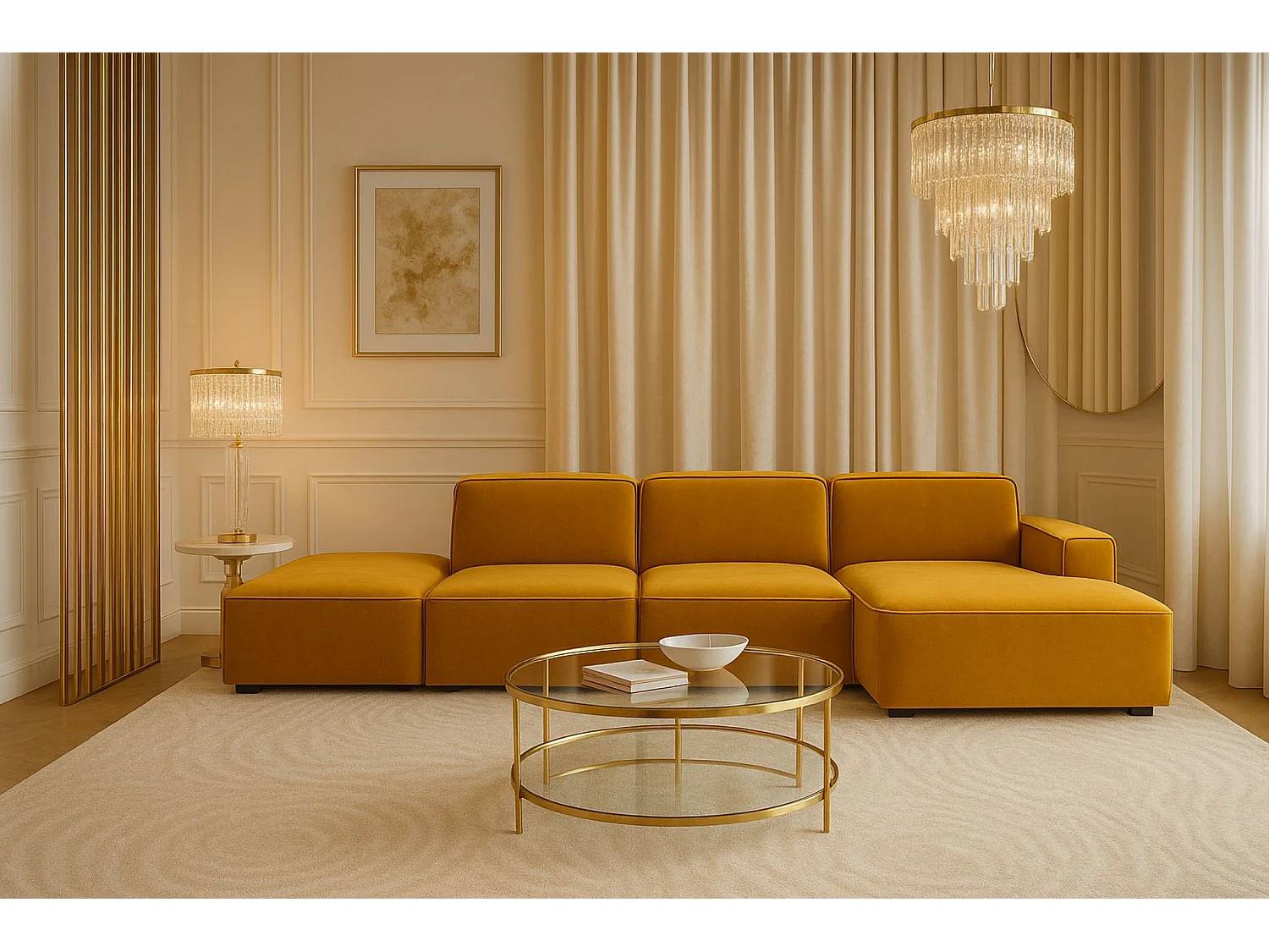 Ecksofa L-Form + Hocker Cursal, Stoff Salvador, Gelb, Rechts