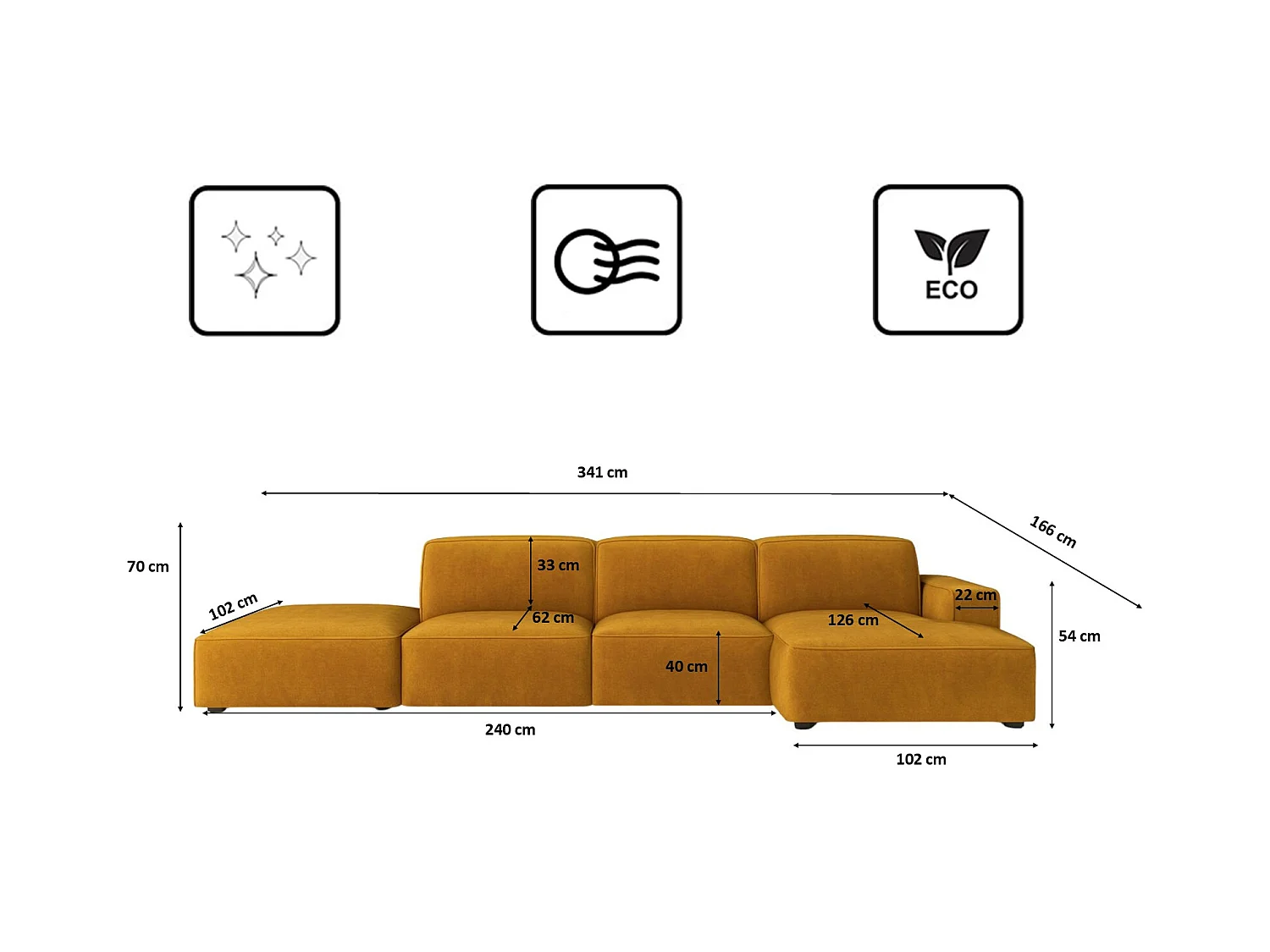 Ecksofa L-Form + Hocker Cursal, Stoff Salvador, Gelb, Rechts