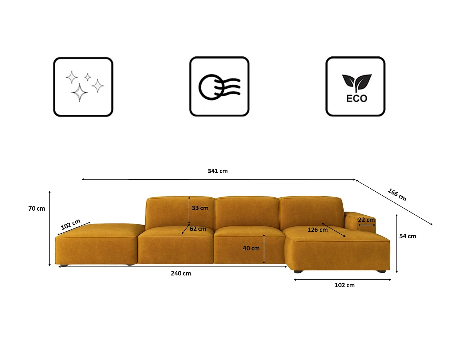 Canapé d'angle en L + tabouret Cursal, tissu Salvador, jaune, droit
