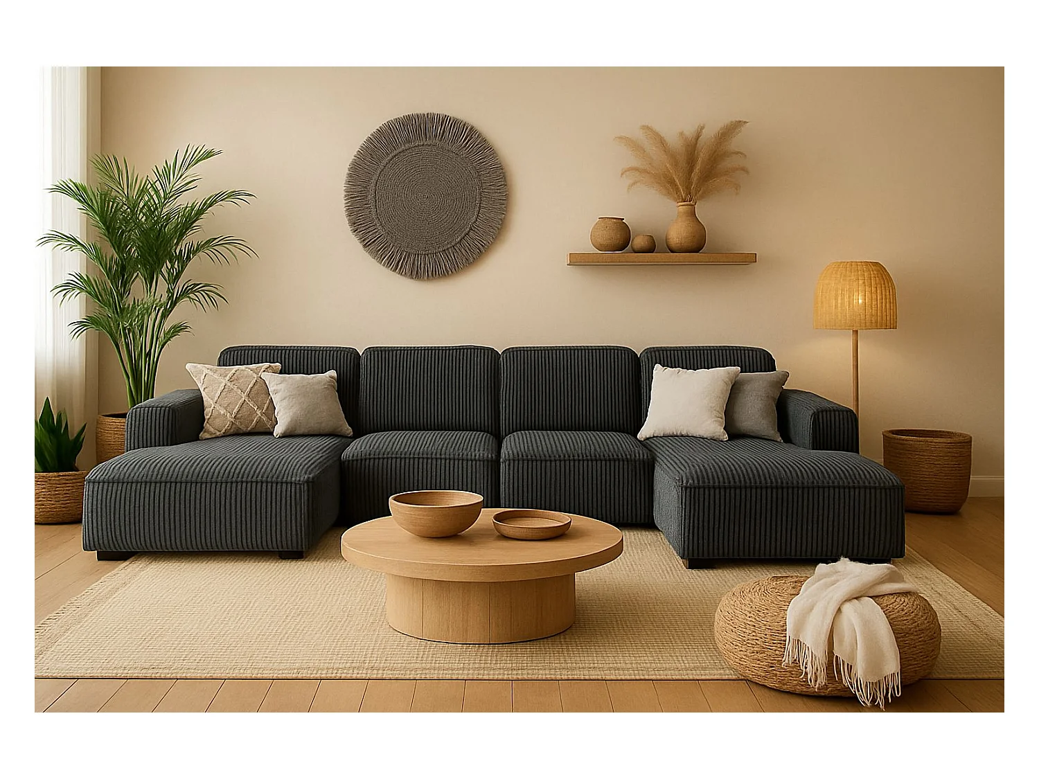 Canapé d'angle en U Cursal, tissu Poso, gris