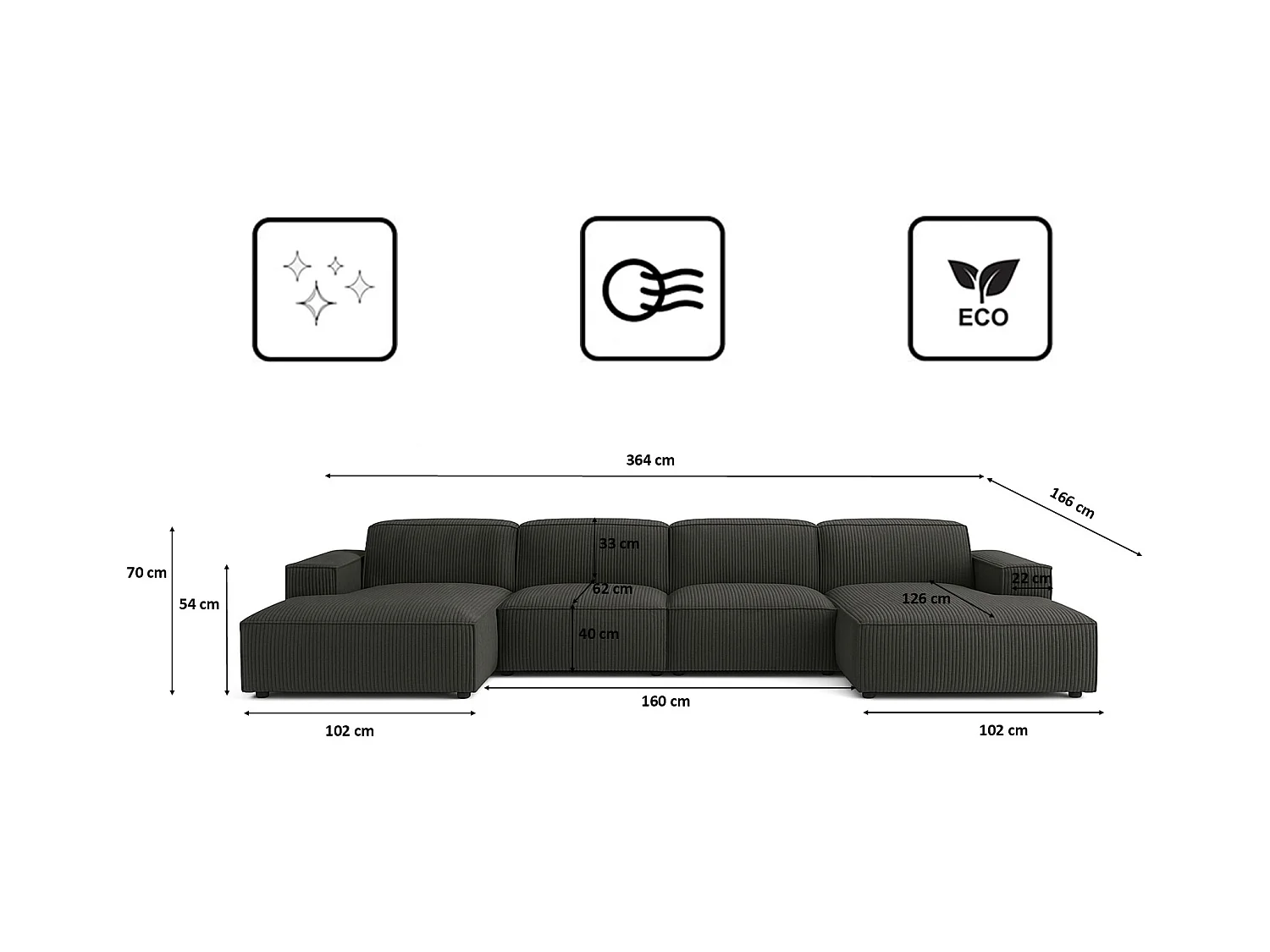 Canapé d'angle en U Cursal, tissu Poso, gris