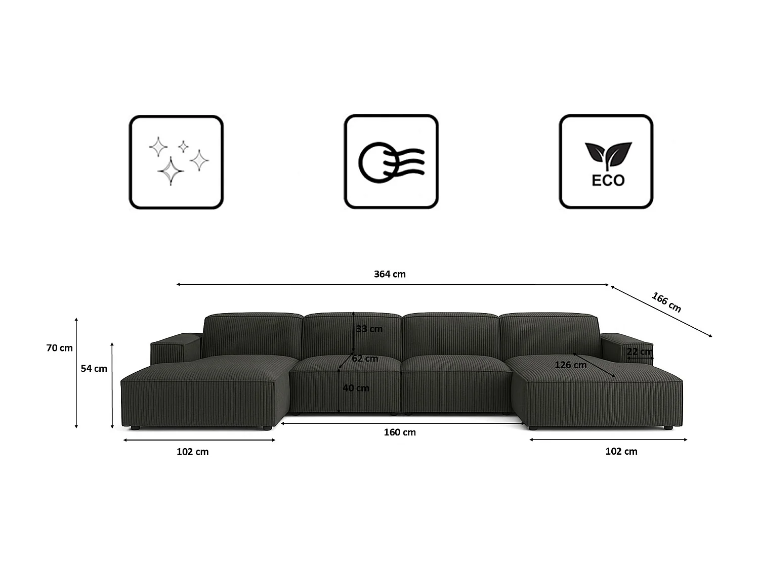 Canapé d'angle en U Cursal, tissu Poso, gris