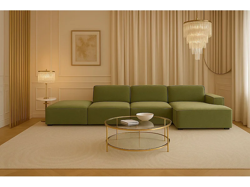 Ecksofa L-Form + Hocker Cursal, Stoff Salvador, Olive, Rechts