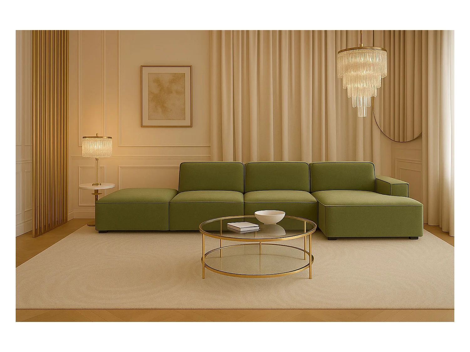 Canapé d'angle en L + tabouret Cursal, tissu Salvador, olive, droit