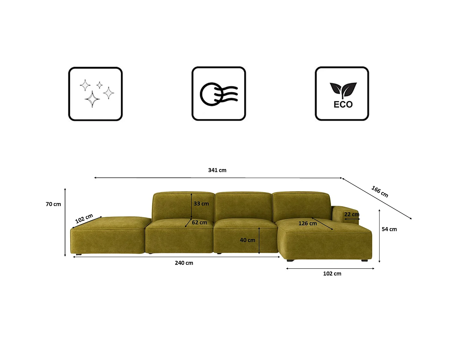Canapé d'angle en L + tabouret Cursal, tissu Salvador, olive, droit