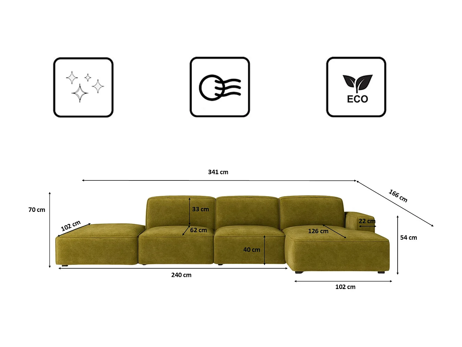 Canapé d'angle en L + tabouret Cursal, tissu Salvador, olive, droit