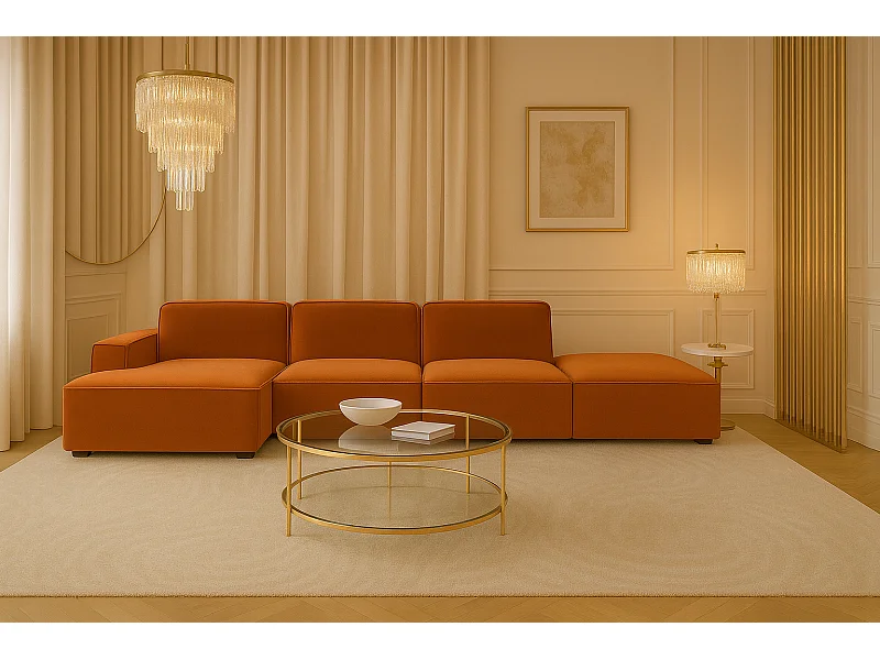 Canapé d'angle en L + tabouret Cursal, tissu Salvador, marron, gauche