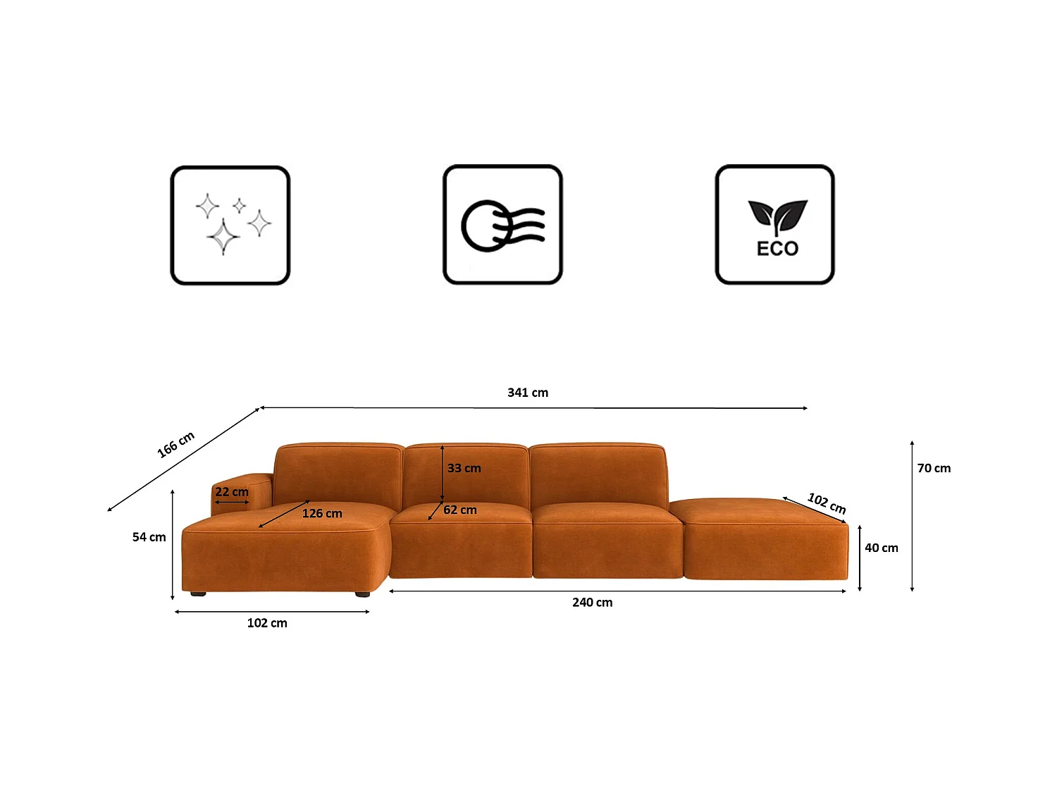Hoekbank L-vorm + poef Cursal, stof Salvador, bruin, links