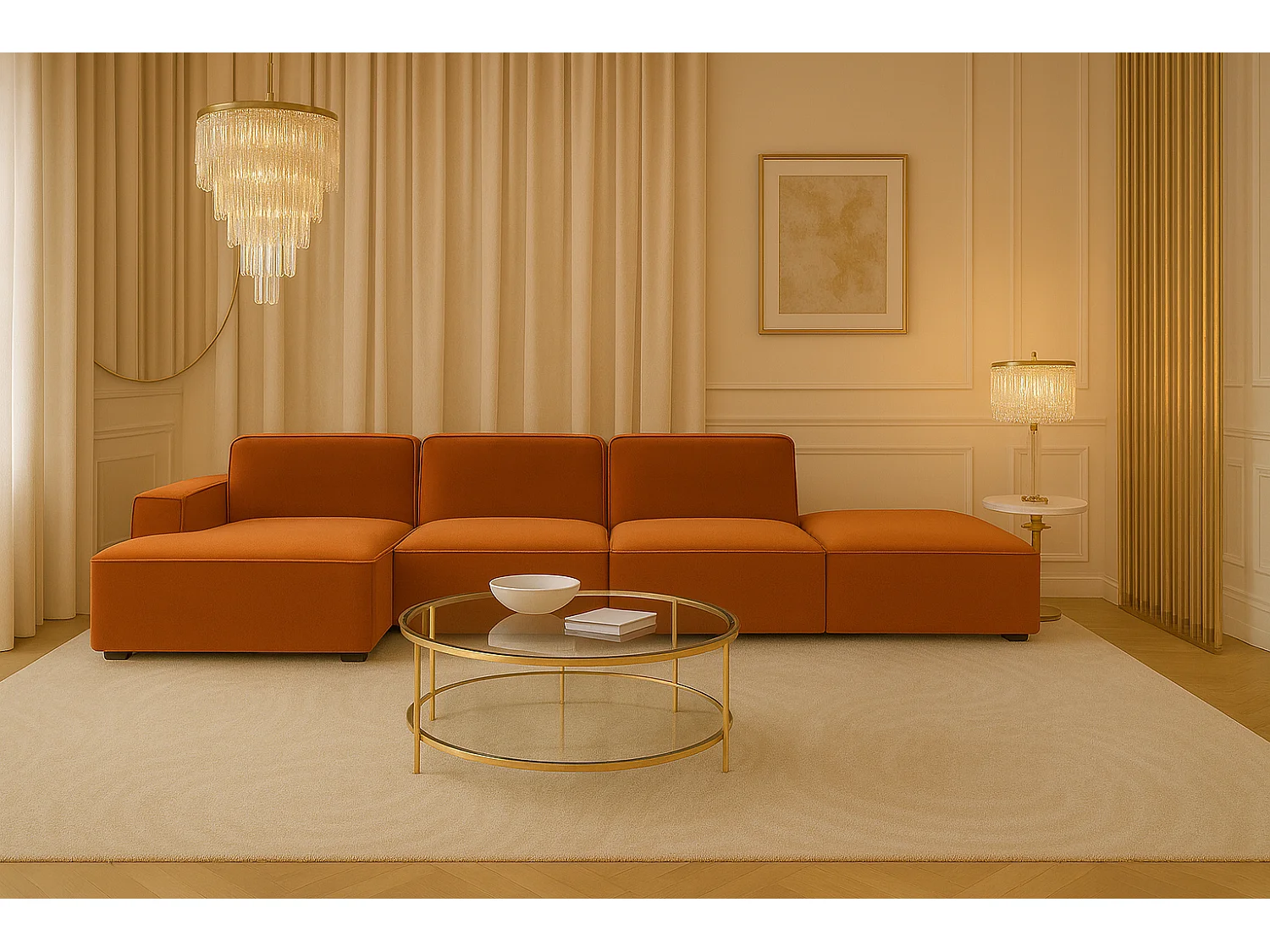 Canapé d'angle en L + tabouret Cursal, tissu Salvador, marron, gauche