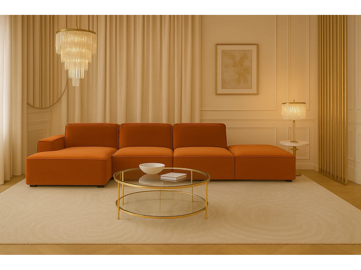 Ecksofa L-Form + Hocker Cursal, Stoff Salvador, Braun, Links