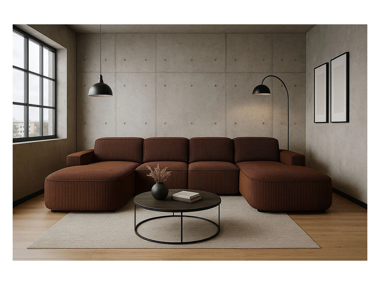 Hoekbank U-vorm Round Cursal, stof Poso, bruin