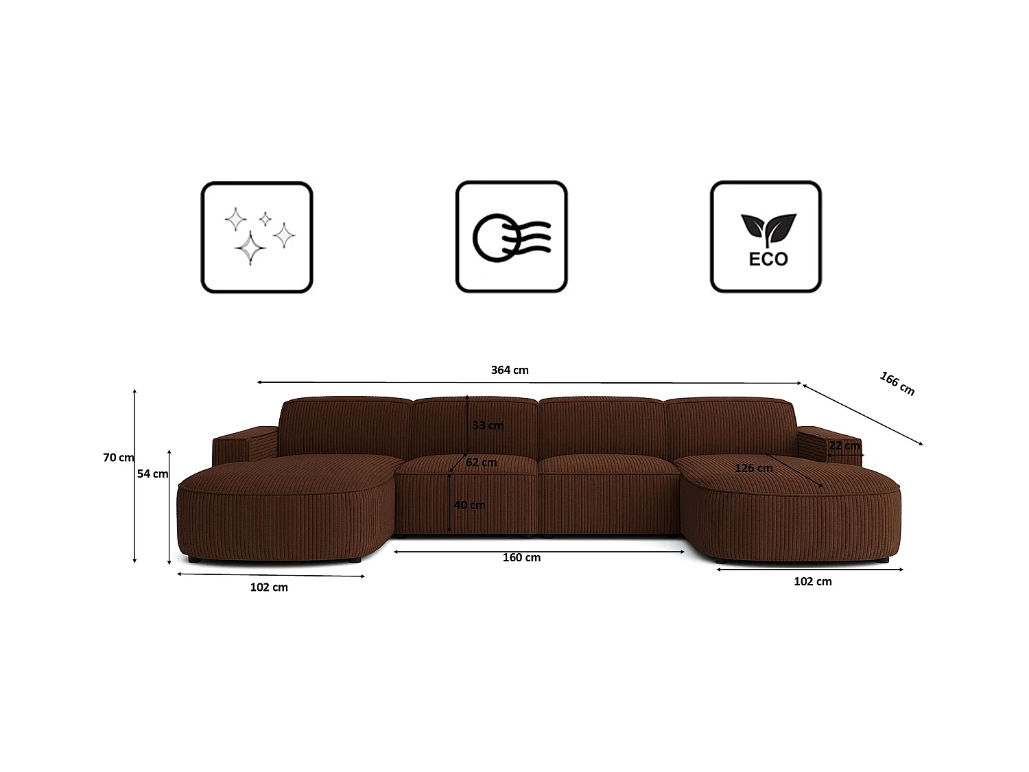 Hoekbank U-vorm Round Cursal, stof Poso, bruin