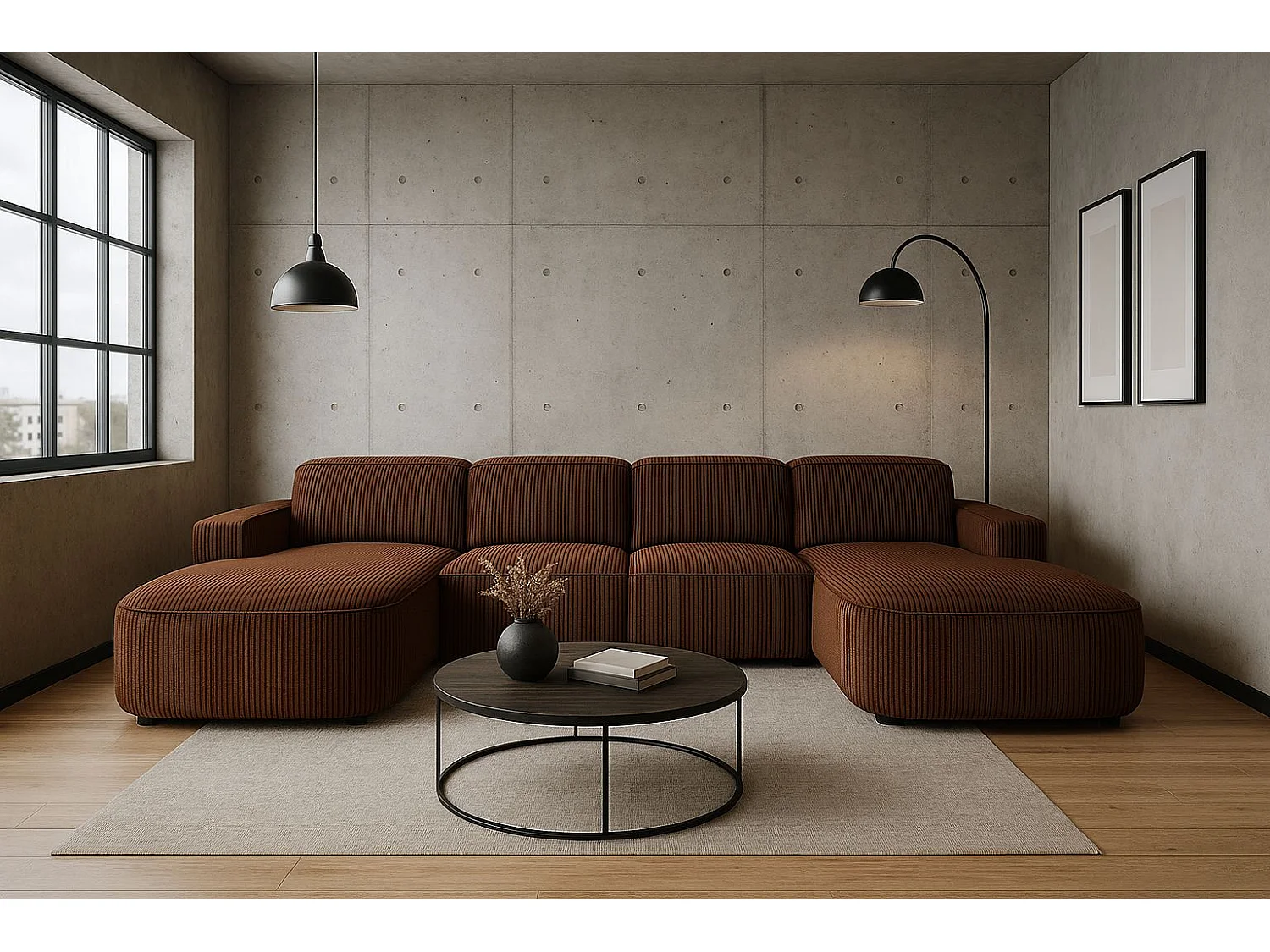 Canapé d'angle en U Round Cursal, tissu Poso, marron