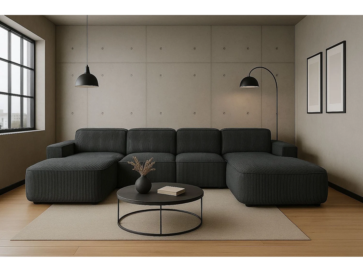 Canapé d'angle en U Round Cursal, tissu Poso, gris