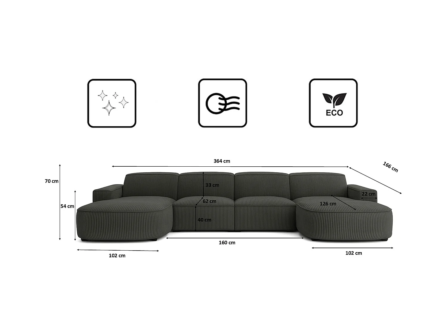 Canapé d'angle en U Round Cursal, tissu Poso, gris