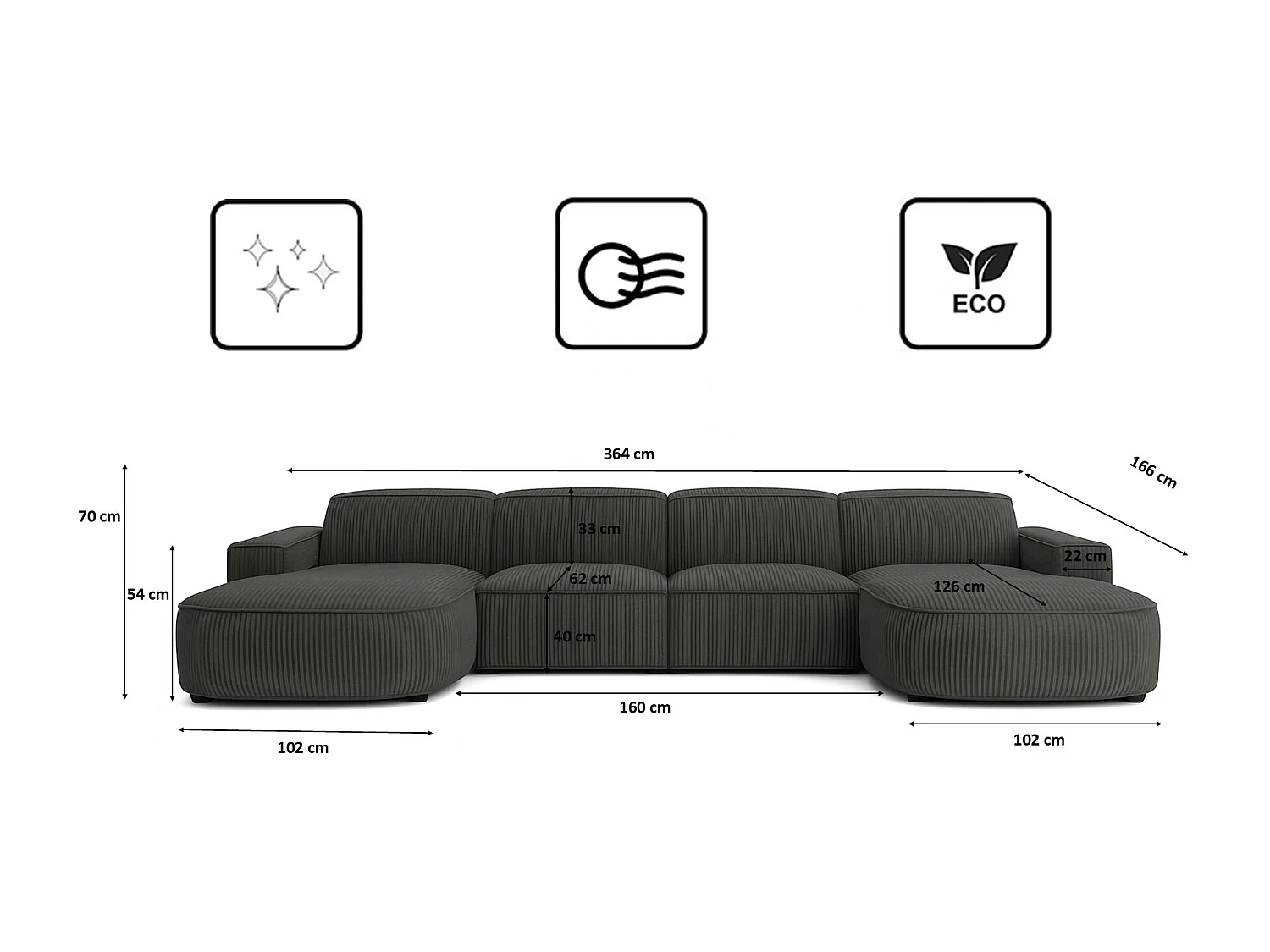 Canapé d'angle en U Round Cursal, tissu Poso, gris