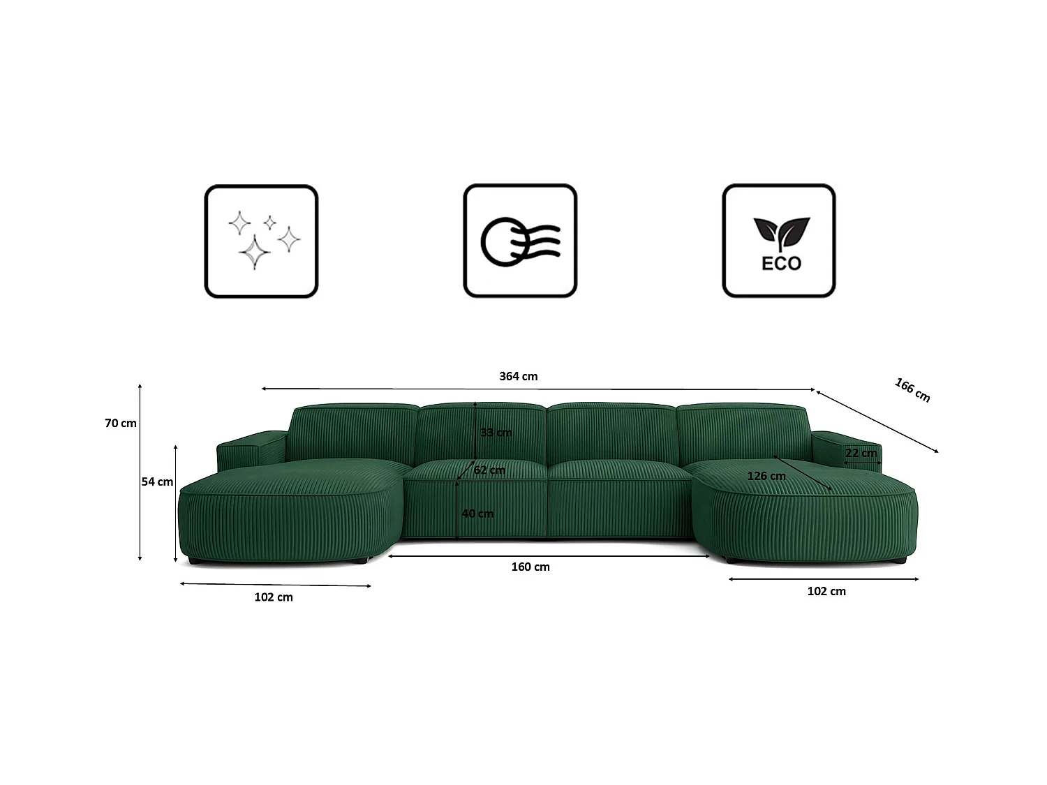 Canapé d'angle en U Round Cursal, tissu Poso, vert