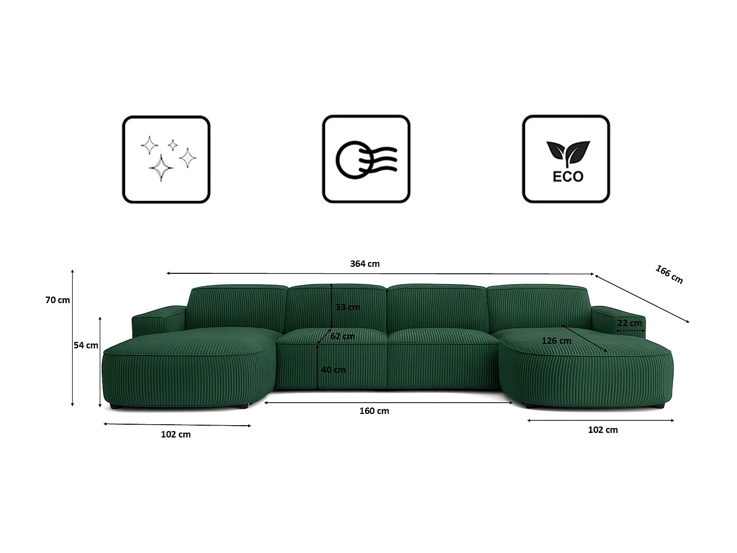 Canapé d'angle en U Round Cursal, tissu Poso, vert