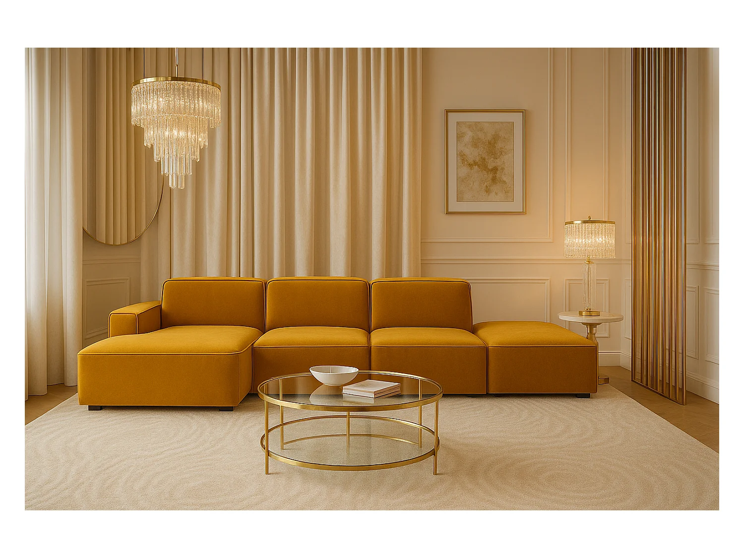 Ecksofa L-Form + Hocker Cursal, Stoff Salvador, Gelb, Links