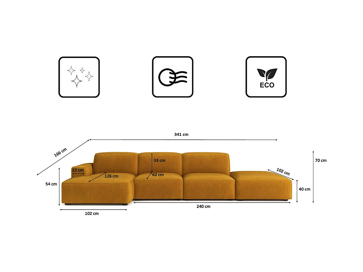 Ecksofa L-Form + Hocker Cursal, Stoff Salvador, Gelb, Links