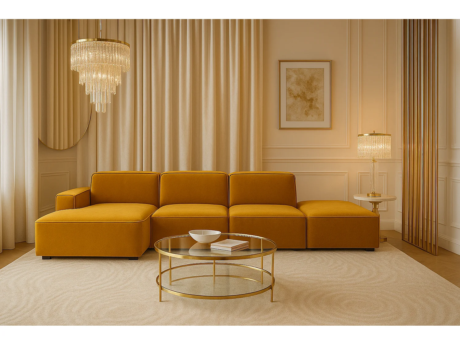 Canapé d'angle en L + tabouret Cursal, tissu Salvador, jaune, gauche