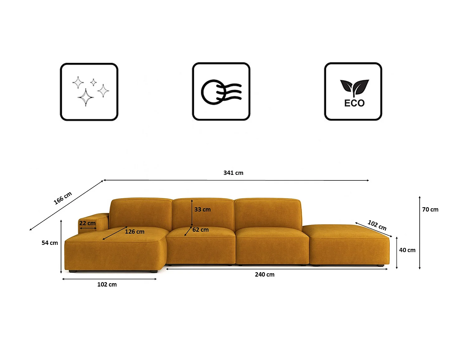 Canapé d'angle en L + tabouret Cursal, tissu Salvador, jaune, gauche