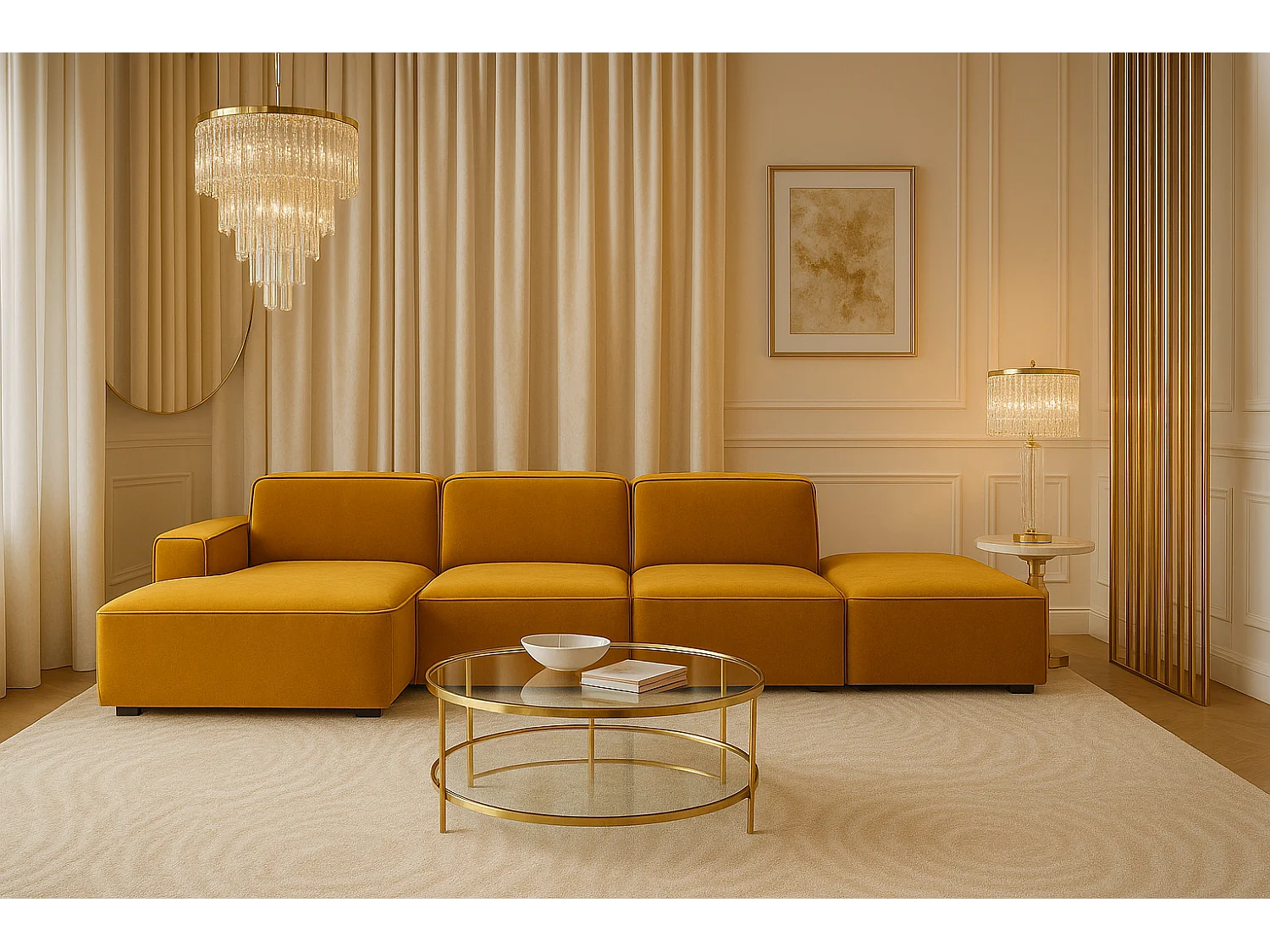 Ecksofa L-Form + Hocker Cursal, Stoff Salvador, Gelb, Links