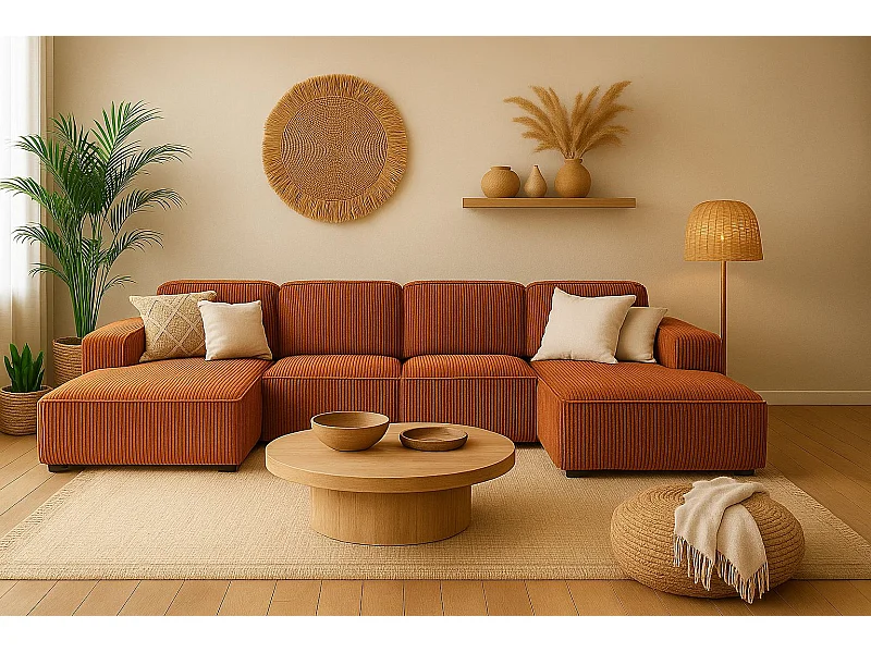 Canapé d'angle en U Cursal, tissu Poso, cuivre