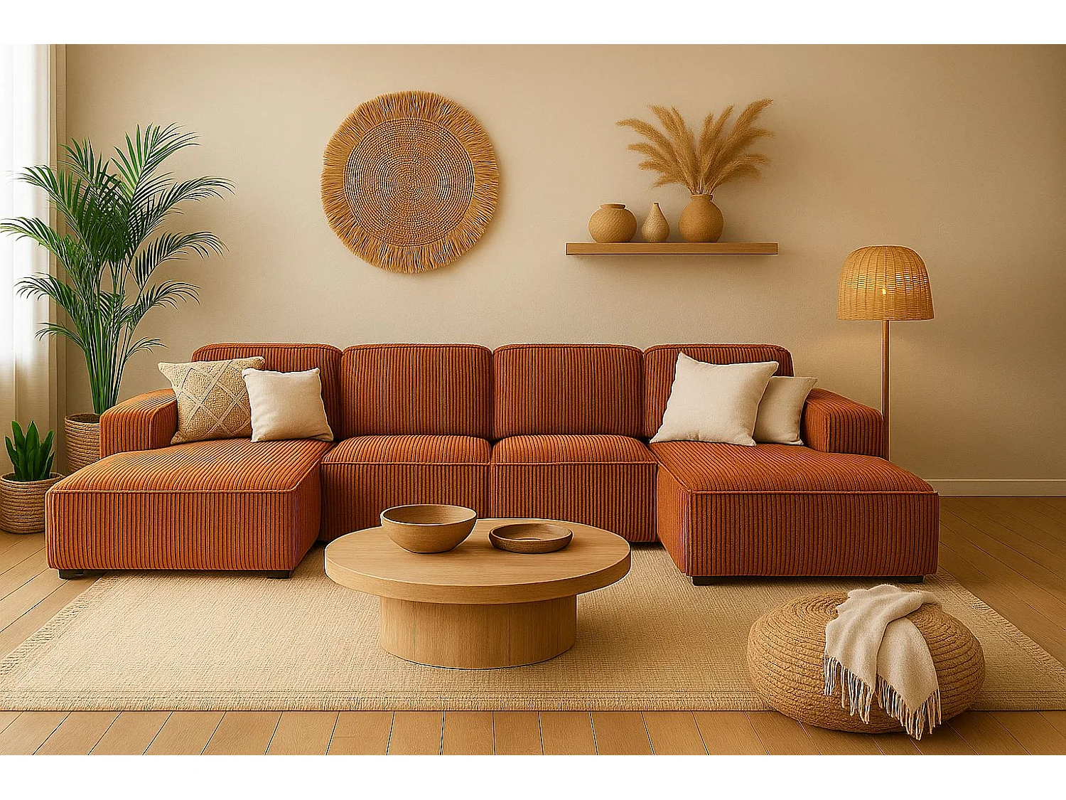 Canapé d'angle en U Cursal, tissu Poso, cuivre