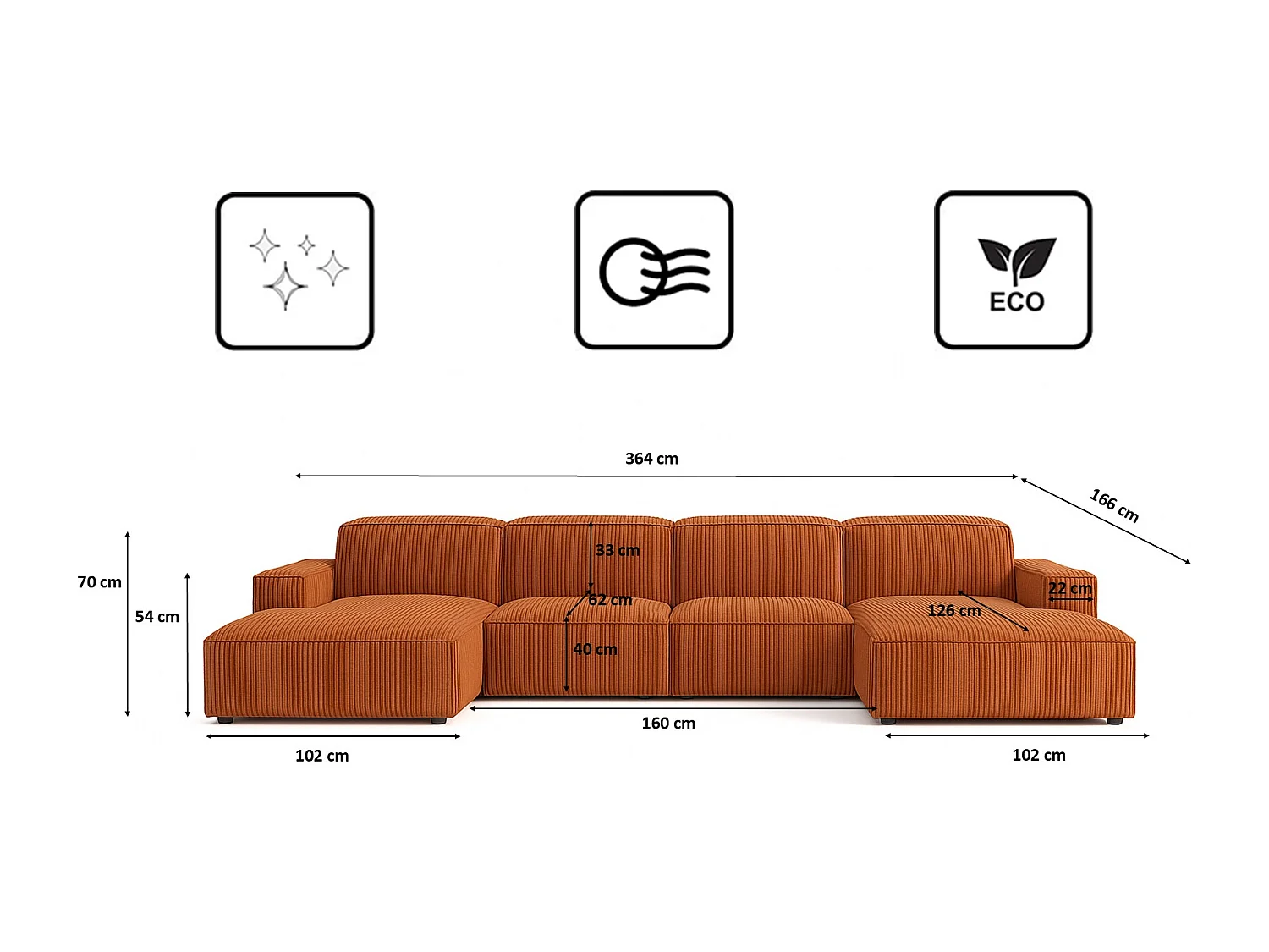 Canapé d'angle en U Cursal, tissu Poso, cuivre