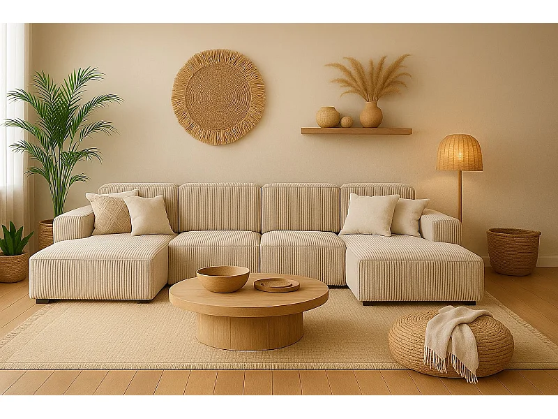 Divano angolare Cursal a U, tessuto Poso, beige