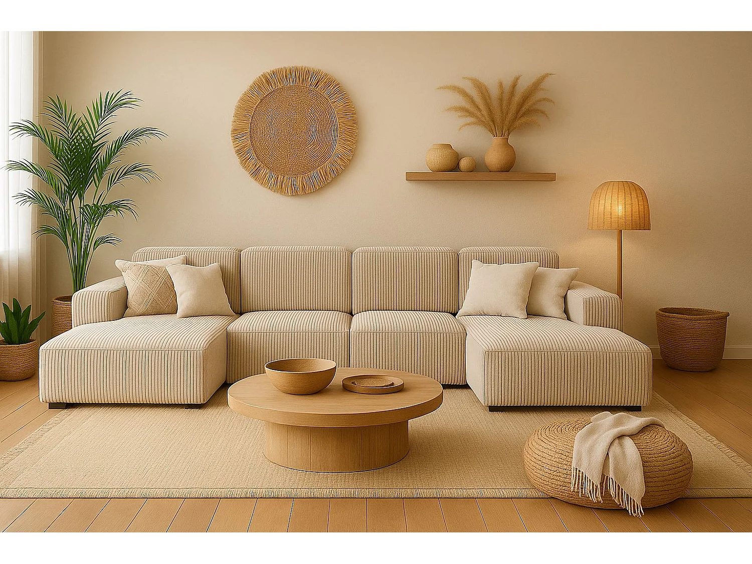 Canapé d'angle en U Cursal, tissu Poso, beige