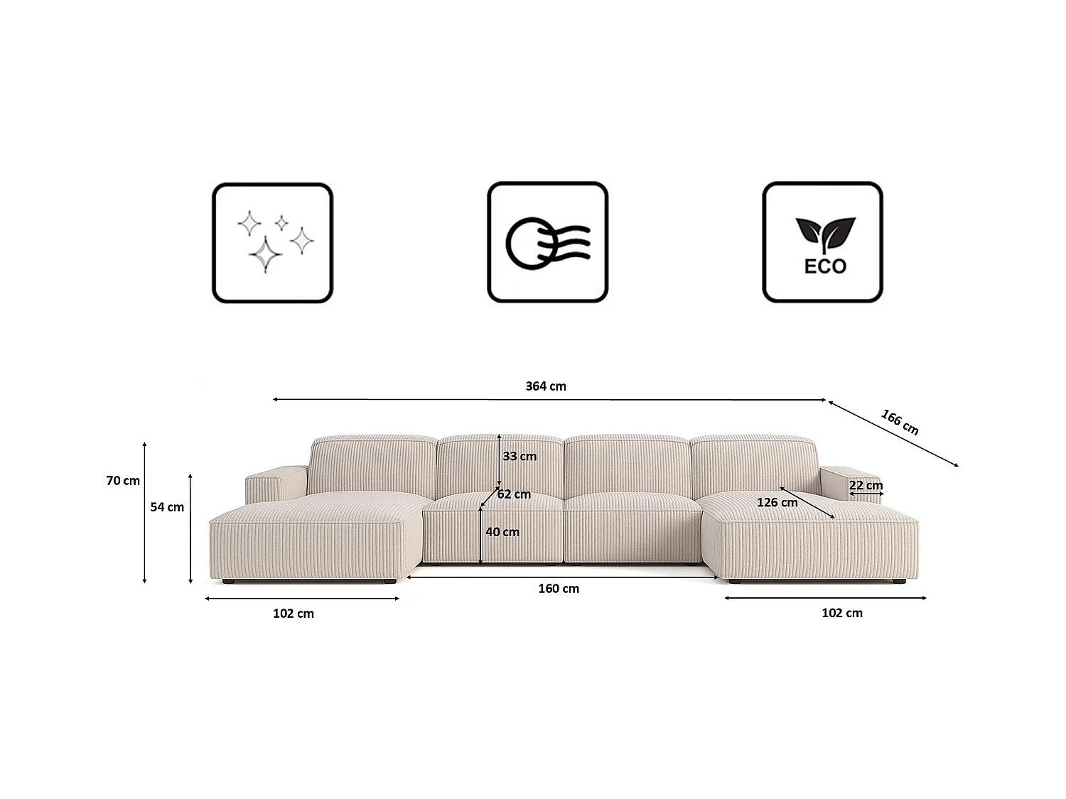Canapé d'angle en U Cursal, tissu Poso, beige