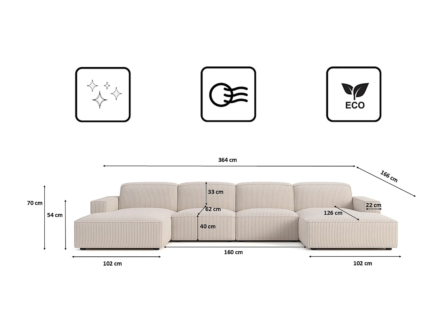 Canapé d'angle en U Cursal, tissu Poso, beige