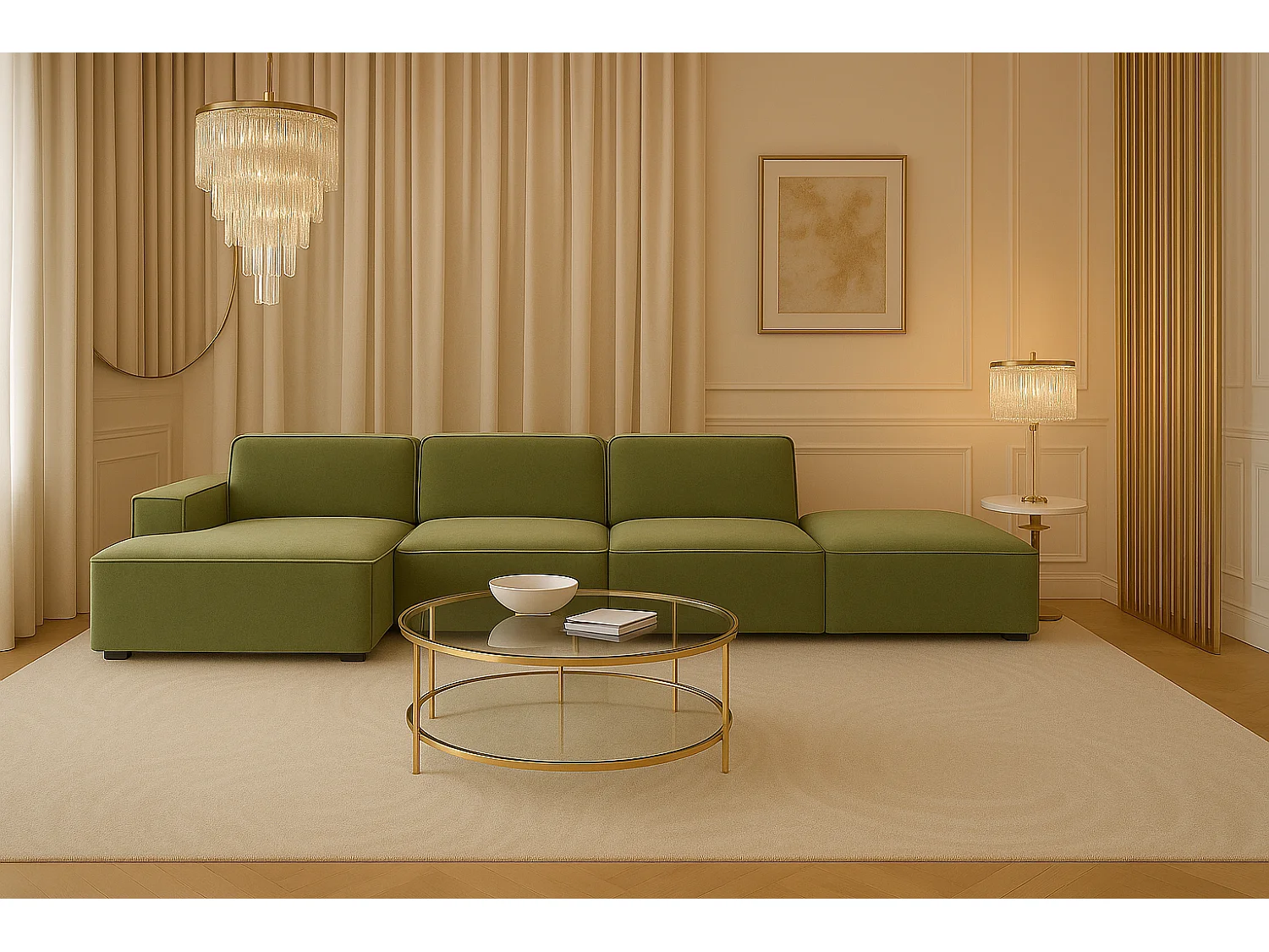 Hoekbank L-vorm + poef Cursal, stof Salvador, olijf, links