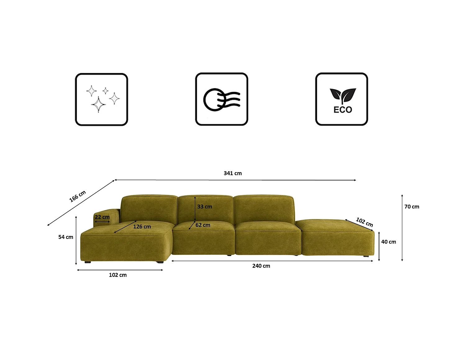 Hoekbank L-vorm + poef Cursal, stof Salvador, olijf, links