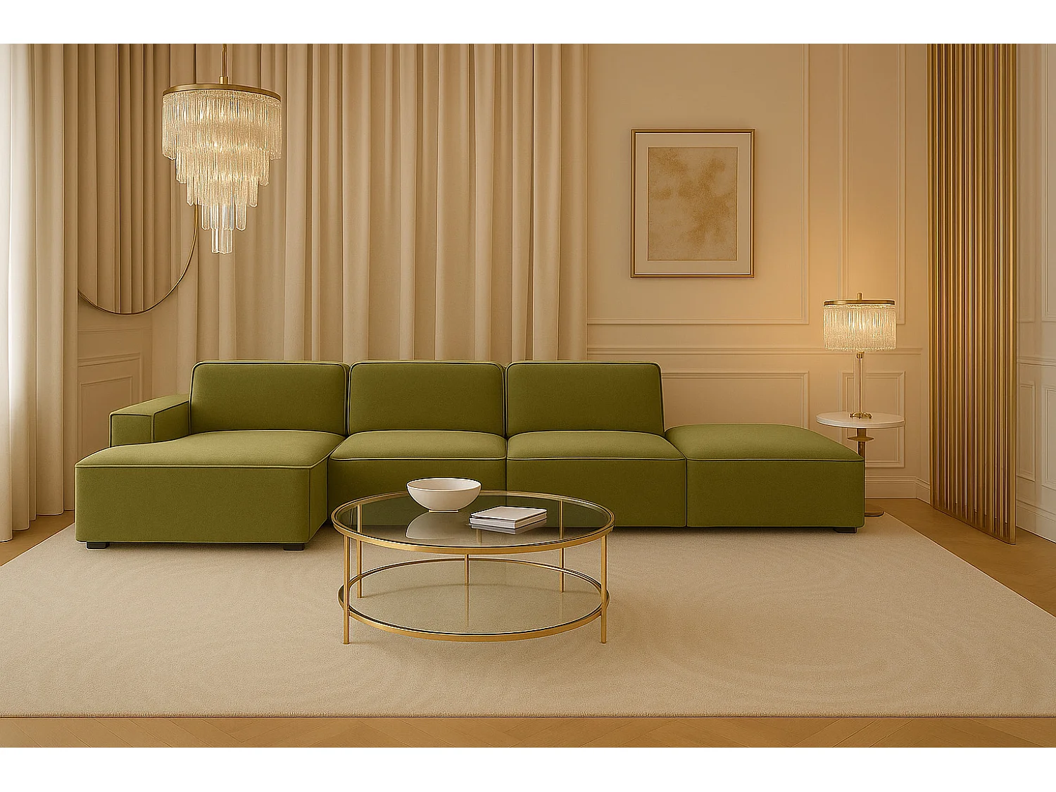 Canapé d'angle en L + tabouret Cursal, tissu Salvador, olive, gauche