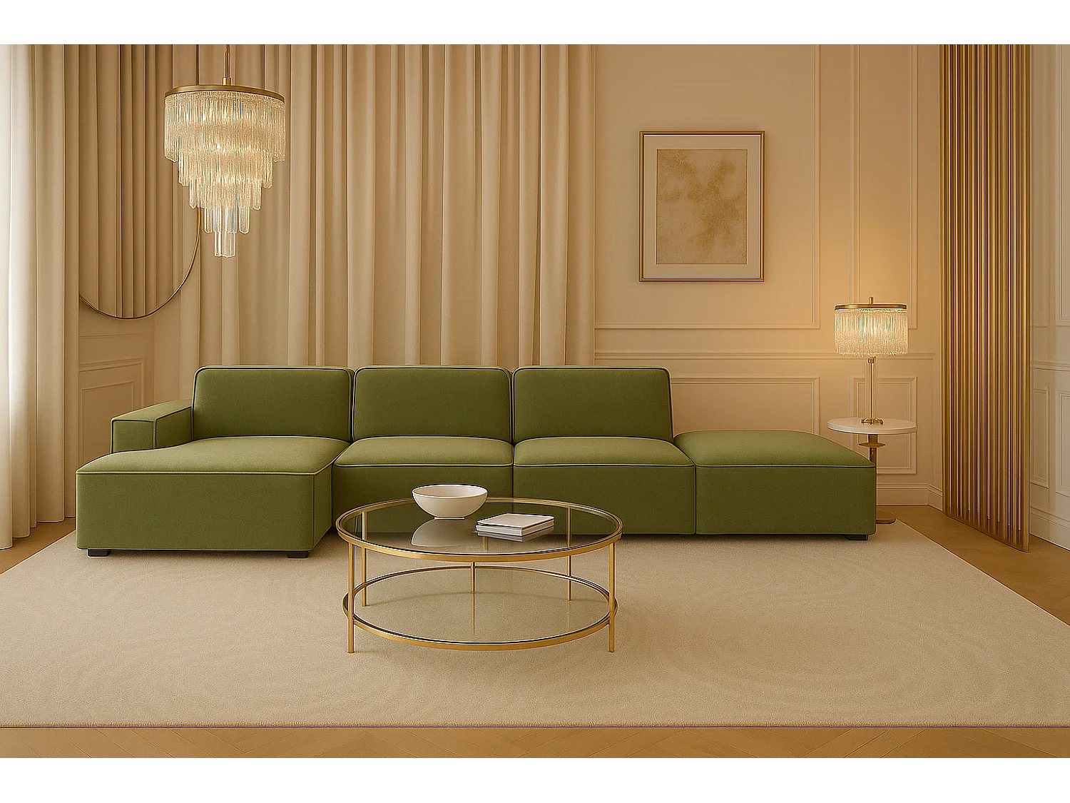 Ecksofa L-Form + Hocker Cursal, Stoff Salvador, Olive, Links