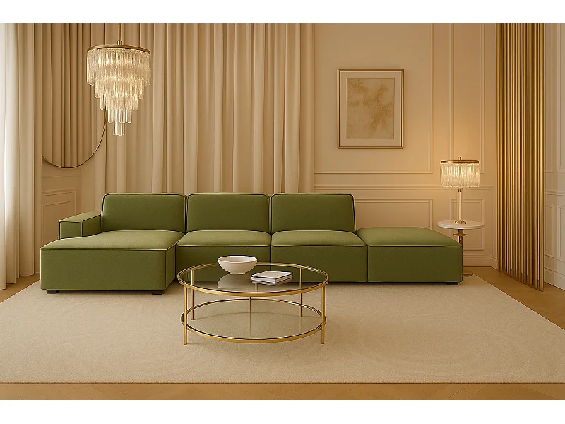 Canapé d'angle en L + tabouret Cursal, tissu Salvador, olive, gauche