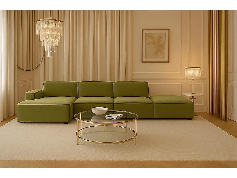 Canapé d'angle en L + tabouret Cursal, tissu Salvador, olive, gauche