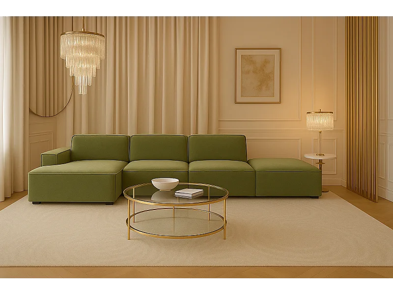 Canapé d'angle en L + tabouret Cursal, tissu Salvador, olive, gauche