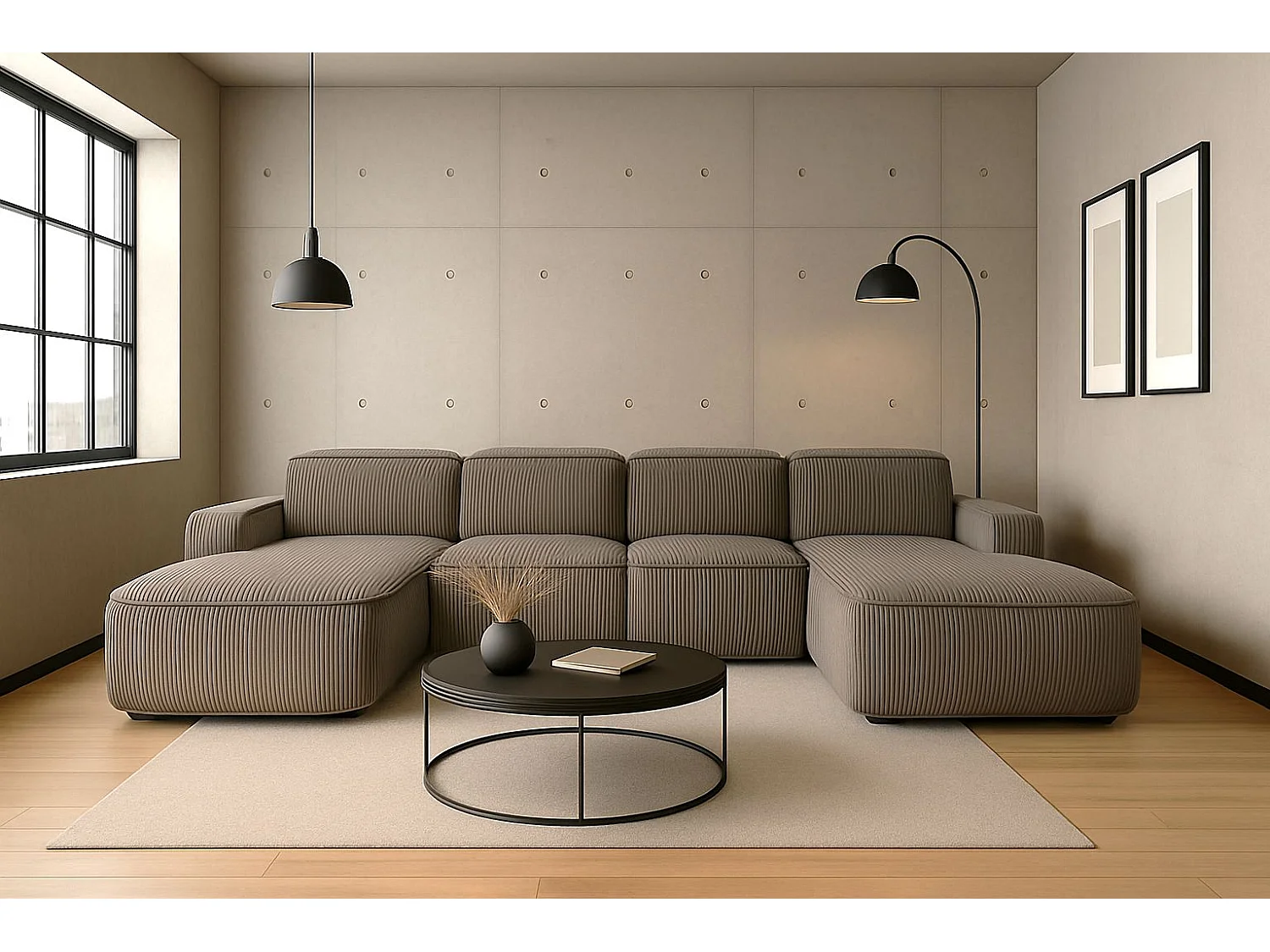 Canapé d'angle en U Round Cursal, tissu Poso, beige foncé